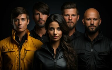 Fototapeta premium Five people - four men and one woman - stand in a dark studio, posing for profile pictures with serious expressions as the light highlights their faces