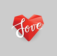 Love message on a red stylized heart. Handwritten design. Vector illustration