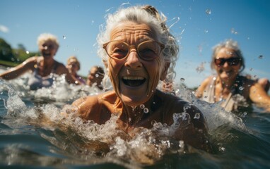 A group of senior citizens enjoy a fun-filled day swimming in a lake on a sunny day