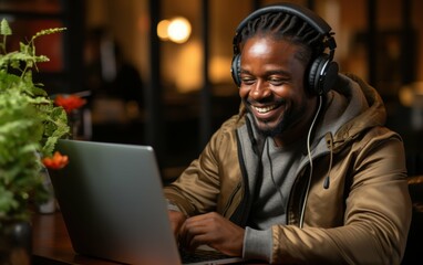 Fototapeta premium An African American businessman is sitting at a table in a cafe, wearing headphones and smiling as he participates in a virtual video call on his laptop