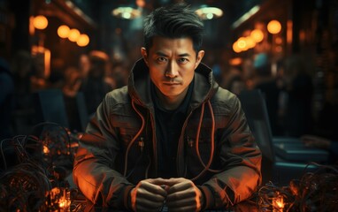 Fototapeta premium A young Asian IT professional, dressed in a hooded jacket, sits in a dimly lit room surrounded by wires and circuit boards, looking concerned about an AI cyber security threat