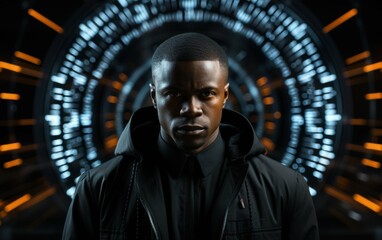 A serious-looking black man stares directly into the camera, framed by a swirling digital backdrop suggestive of a cyber security threat landscape
