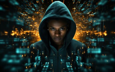 A hooded figure stands in front of a digital cityscape, representing the increasing threat of AI in cybersecurity