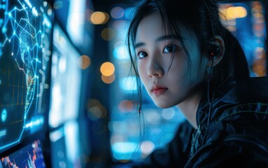 A young woman with dark hair focuses intently on a computer screen displaying a network map, likely monitoring for cyber threats