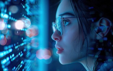 A close-up of a female cybersecurity professional looking intently at a digital data stream, likely while working on a critical security issue