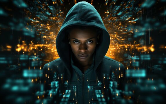 A hooded figure stands in front of a digital cityscape, representing the increasing threat of AI in cybersecurity