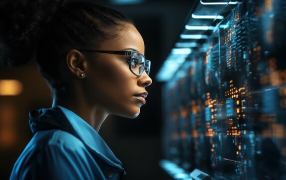 An African woman wearing glasses carefully observes a server rack illuminated by glowing lights, focused on cybersecurity data