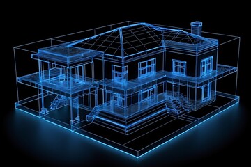 Fototapeta premium 3d house hologram. real estate abstract blue wereframe on black background.