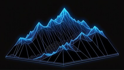 3D mountain hologram. abstract blue wireframe mountain on black background.