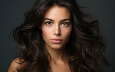 Fototapeta premium A closeup portrait of a beautiful brunette woman with green eyes, her hair flowing around her shoulders