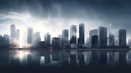 Panorama of the city with skyscrapers in the fog.