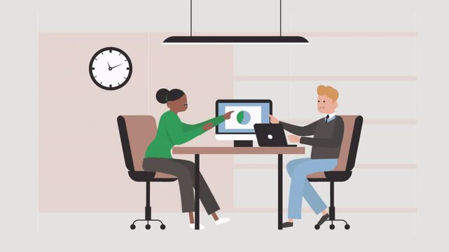 2d explainer animation 4k video . Moving male and female employees in online meeting video conference discuss workflow and tasks. Businessman character work at laptop 2d animation.