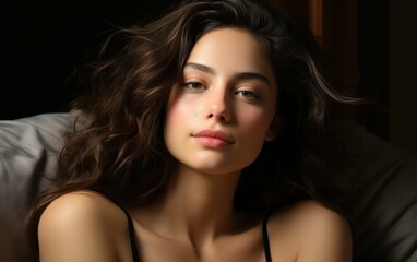 Naklejka premium A woman with long brunette hair and perfect skin poses in a low-cut black tank top. Her soft features and relaxed expression create a sensual and alluring image