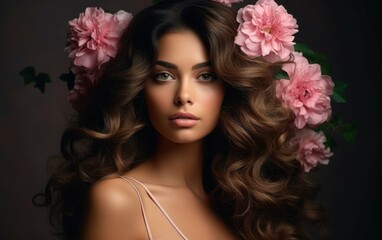Fototapeta premium A beautiful woman with long, flowing brown hair adorned with pink flowers poses against a dark background