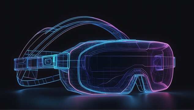3D VR glasses hologram. abstract blue wireframe VR glasses on black background.