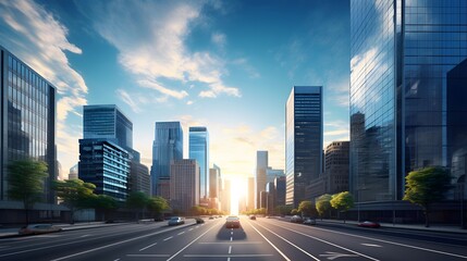 Asphalt road and modern city skyline panorama at sunset, Shanghai, China.