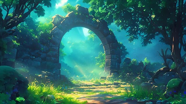 An ancient stone archway in a mysterious forest beckoning you to step through and discover a realm of dreams.