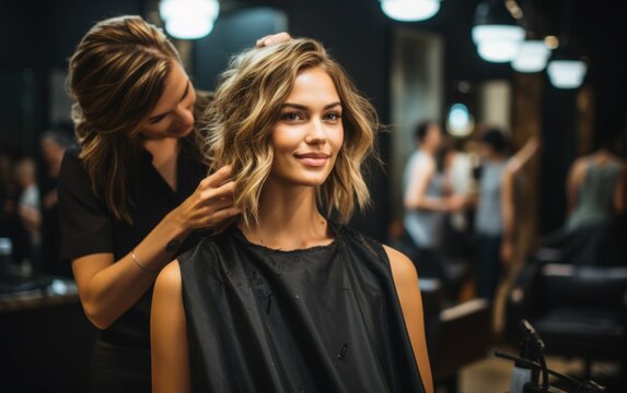 A beautiful young woman receives a trim from a stylist in a modern hair salon. She has blonde hair and is wearing a black sleeveless top