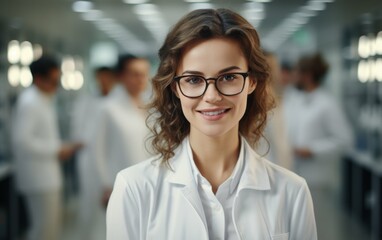 A young woman scientist wearing a white lab coat smiles confidently in a modern laboratory setting