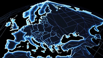 world map hologram. abstract blue wireframe world map on black background.