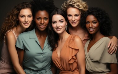 Fototapeta premium A close-up portrait of five diverse women smiling together in a studio setting