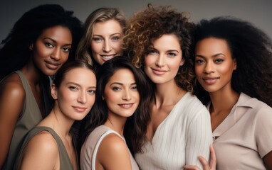Obraz premium A group of five diverse women with different hairstyles and skin tones stand close together, smiling and looking directly at the camera