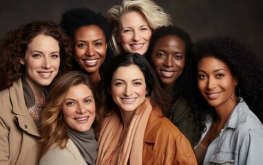 A diverse group of women of different ages and ethnicities are standing close together, smiling at the camera. They are all wearing casual clothing