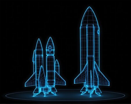 space rocket hologram. abstract blue wireframe space rocket on black background.