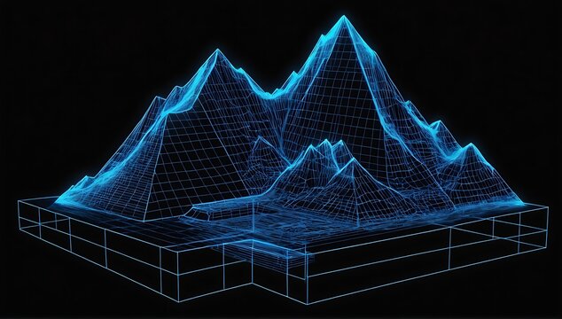 3D mountain hologram. abstract blue wireframe mountain on black background.