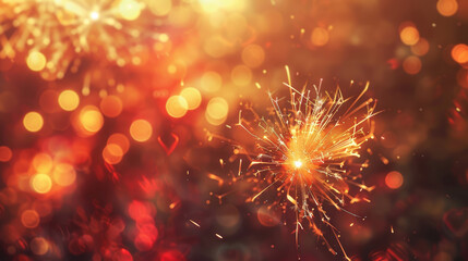 Naklejka premium Abstract New Year’s fireworks gold and dark red colors bokeh holiday background. 