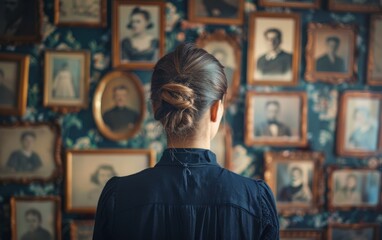 A woman stands with her back to the camera, gazing at a wall filled with framed portraits of her ancestors. The images offer a glimpse into her familys past and connect her to generations before her