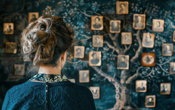 A woman stands in front of a wall adorned with a family tree concept, featuring framed photographs of ancestors in a branching pattern
