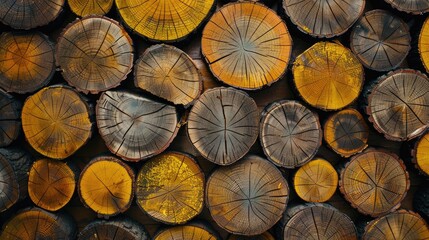 Fototapeta premium Do It Yourself art concept with round wooden stumps in brown and yellow colors for natural texture