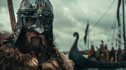 Explore Viking age with a fierce Norse warrior leading a raid on a coastal village longships in the background ideal for fans of medieval history and Viking sagas