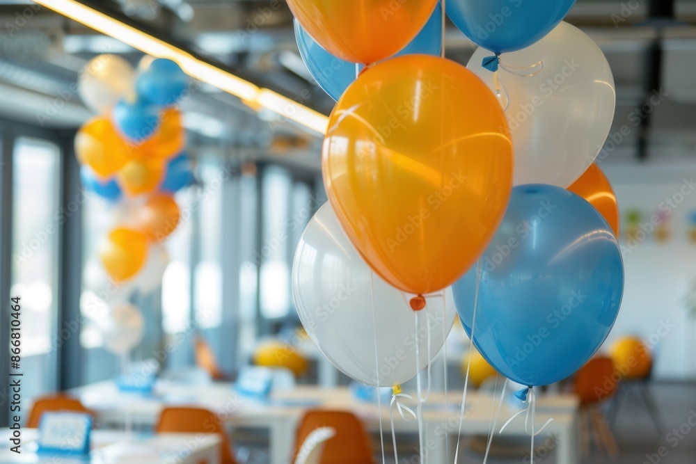 Poster balloons in corporate colors adorn an office event, creating a festive atmosphere. generative ai