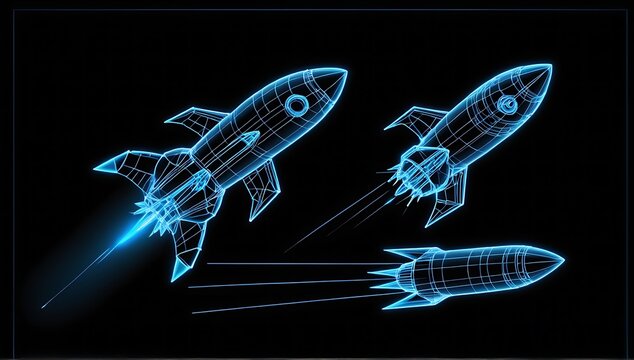 space rocket hologram. abstract blue wireframe space rocket on black background.
