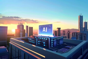 Obraz premium AI cityscape with holographic elements, digital transformation, tech innovation, artificial intelligence, advanced computing, high tech, cybernetics, smart solutions, futuristic, glowing