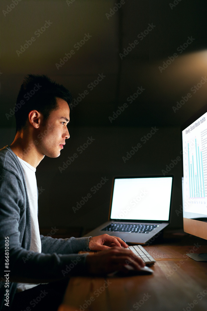 Poster night, dark and businessman by computer with analytics screen for feedback, review and cyber securit