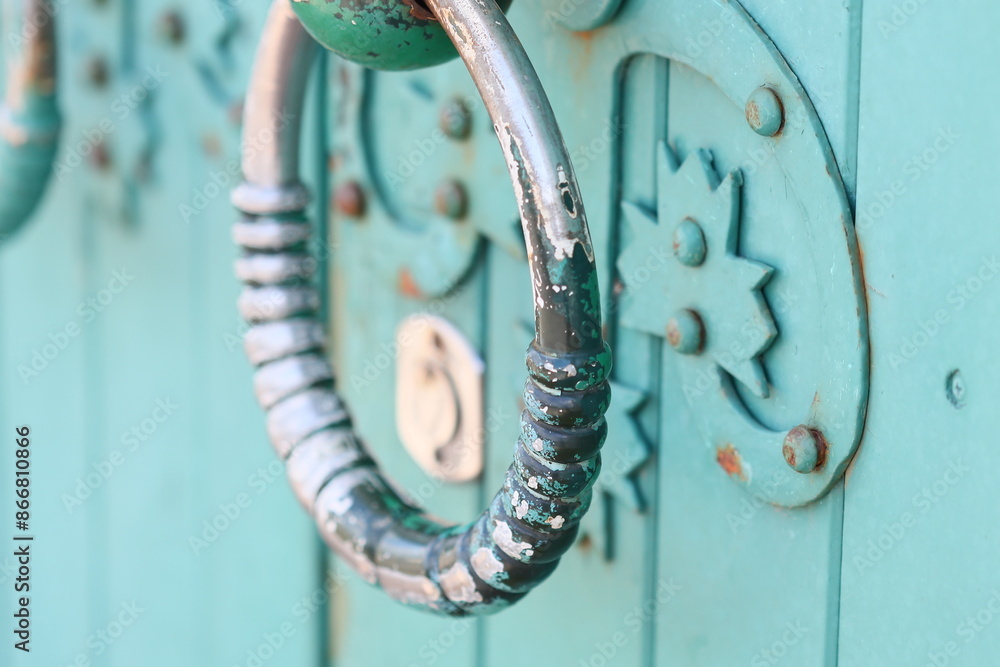 Poster a close-up shot of a metal ring on a door, suitable for use in a variety of settings where security 
