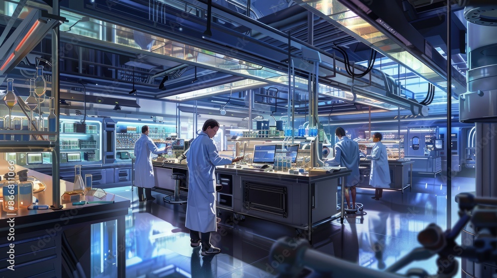 Poster research scientists conduct experiments in a stateoftheart laboratory using cuttingedge scientific e