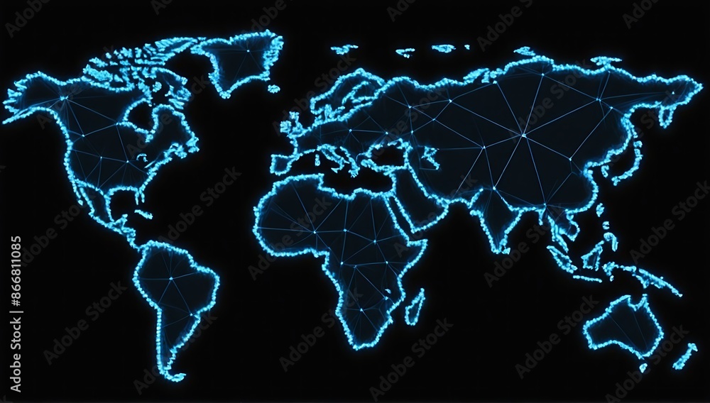 Wall mural world map hologram. abstract blue wireframe world map on black background.