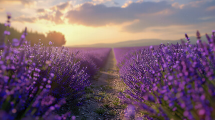 Obraz premium A bicycle path through huge beautiful lavender fields