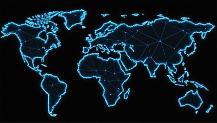 world map hologram. abstract blue wireframe world map on black background.