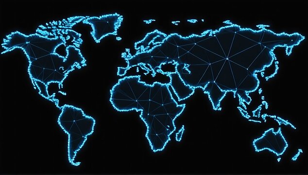 world map hologram. abstract blue wireframe world map on black background. - Powered by Adobe