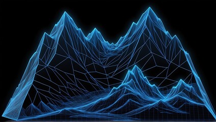 3D mountain hologram. abstract blue wireframe mountain on black background.
