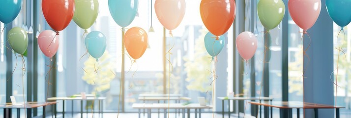 A group of balloons in various colors are hung from the ceiling of an office space, celebrating a company event. Generative AI