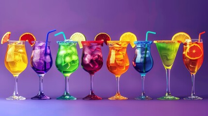 A colorful array of mixed drinks in various glasses against a purple backdrop