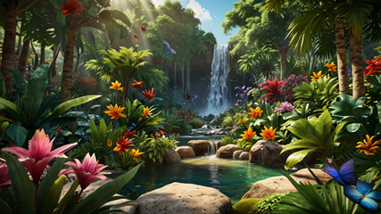 an image of a tropical jungle scene with a waterfall
