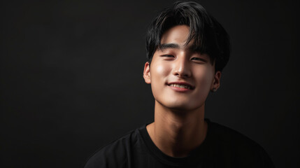 Fototapeta premium handsome korean young man on black background, guy, boy, model, k-pop, asian, male, japanese, chinese, style, fashion, beauty, studio, head, portrait, face, person, people, self care, healthy skin