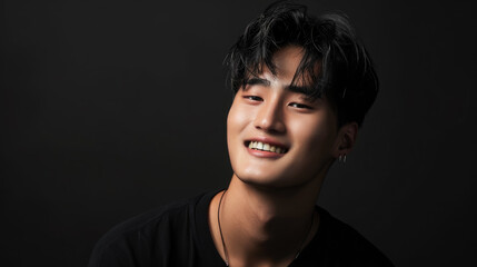 Fototapeta premium handsome korean young man on black background, guy, boy, model, k-pop, asian, male, japanese, chinese, style, fashion, beauty, studio, head, portrait, face, person, people, self care, healthy skin